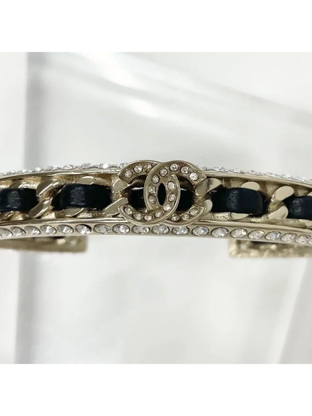 Chanel CC Logo Bangle Rhinestone Leather Bracelet Gold